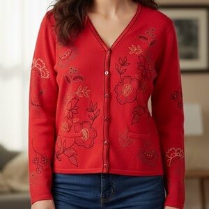 ALIA Coral Embroidered Floral Cardigan Sweater Cottagecore Grandmacore Boho